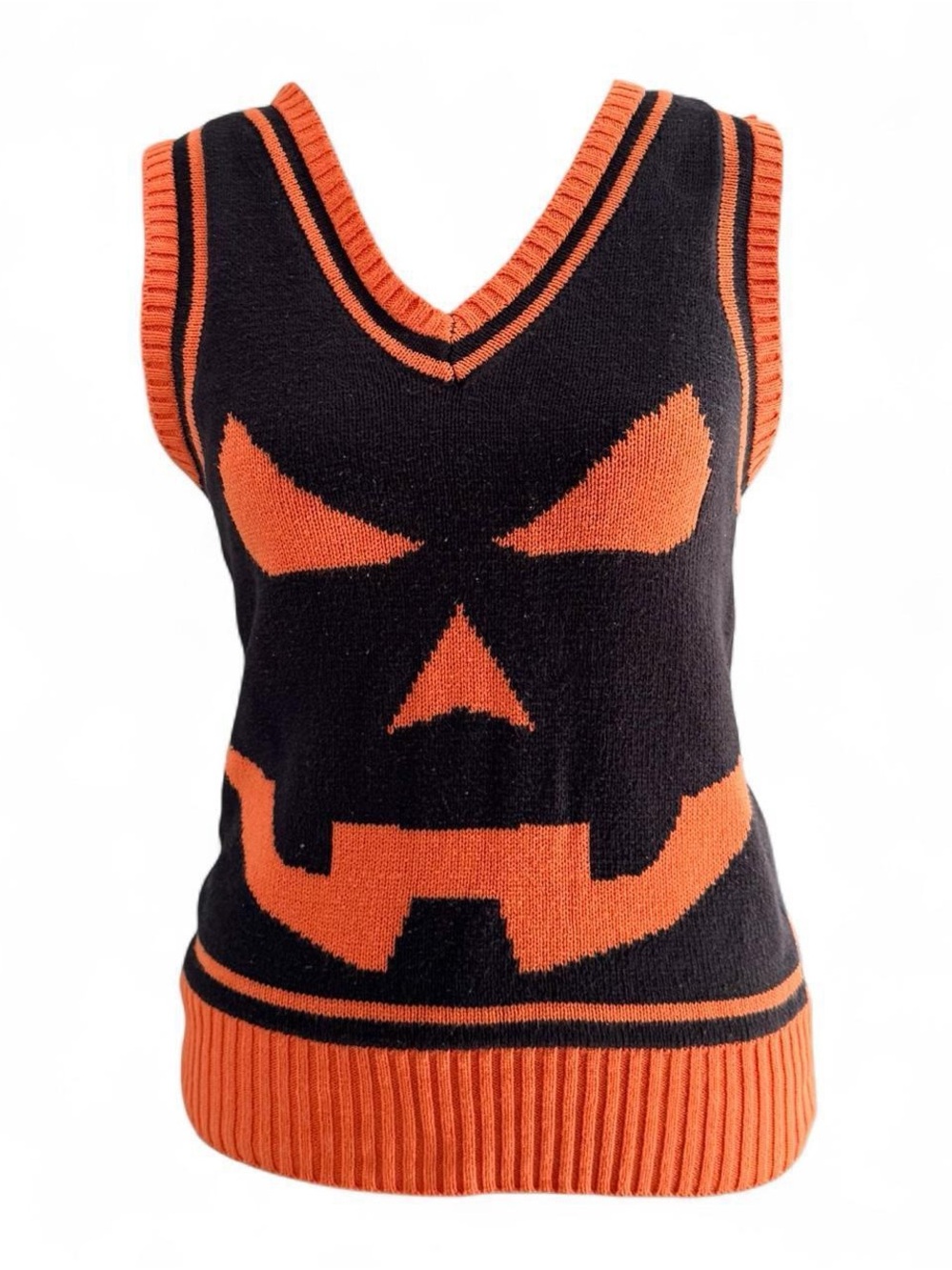 Spirit Halloween Jack-O-Lantern Sweater Vest | Black & Orange | Size S | Knit